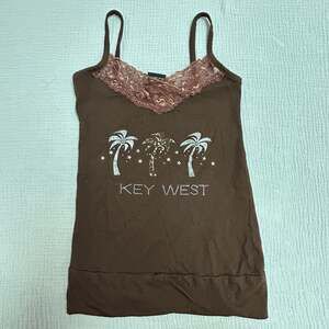 Miami Style Key West Tropical Palm Tree Lace Trim Camisole Tank Top